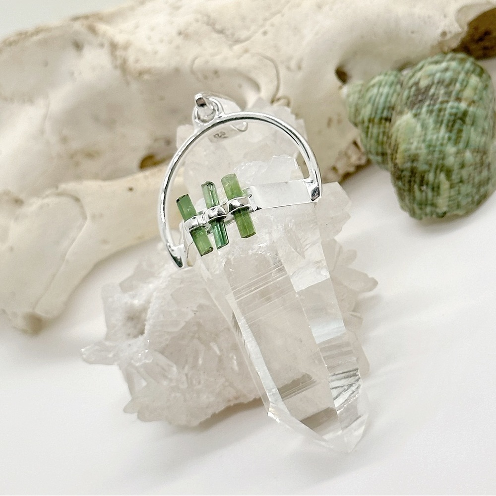 HUGE Lemurian Seed Crystal & Green Tourmaline Sterling Silver Pendant Necklace
